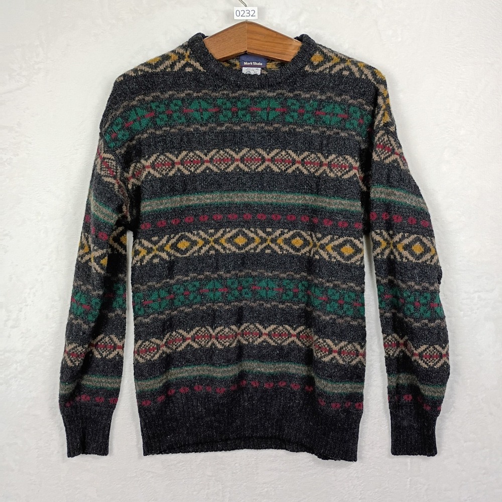 Mark Shale Mens XL Pure Wool Fair Isle Sweater Made in UK Charcoal Grey Knit